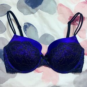 Victorias Secret Lined Demi Buste Double Lace Purple & Black Sexy Bra Size 34DD